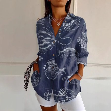 

Shirt Collar Long Sleeve Striped Regular Loose Shirt For Women, Deep blue, Shirts