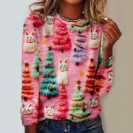

Casual Floral Crew Neck Long Sleeve T-shirt, Pink, T-shirts