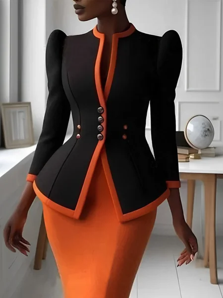 

Color Block Urban Puff Sleeve Crew Neck Jacket, Black, Jackets