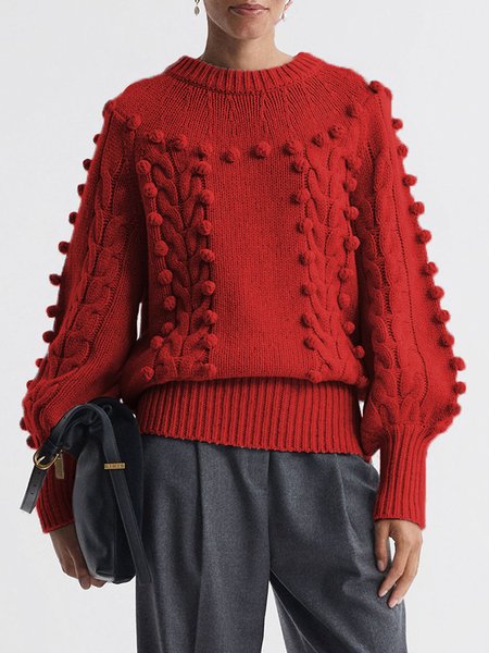 Casual Crew Neck Plain Sweater, Red, Cardigans