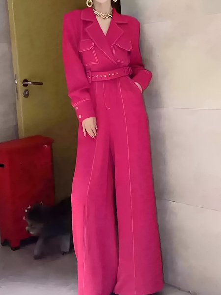 

Elegant Loose Plain Pants With Belt, Deep pink, Pants