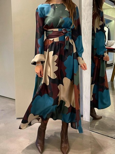 

Floral Crew Neck Elegant Dress With Belt, As picture, Maxi Dresses