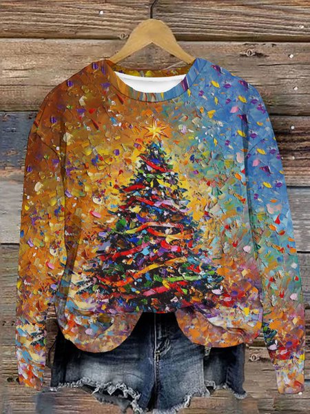 

Oil Painting Texture Color Christmas Tree Christmas Casual Sweatshirt, As picture, Hoodies&Sweatshirts