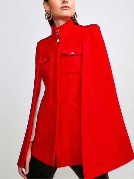 

Urban Loose Buttoned Stand Collar Cloak, Red, Poncho and Capes