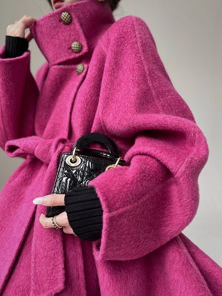 Buttoned Urban Stand Collar Coat With Belt, Pink, Coats