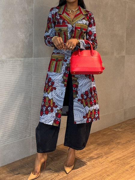 

Pockets Urban Ethnic Print Lapel Collar Trench Coat, As picture, Coats