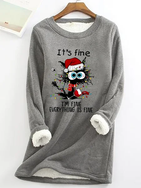 

It's Fine I'm Fine Everything Is Fine Casual Fluff Fleece Fabric Sweatshirt, Gray, Hoodies&Sweatshirts