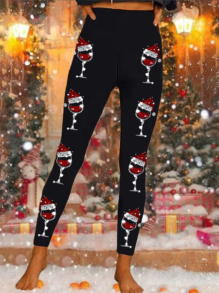 

Casual Christmas Wine Glass Long Leggings, Black, Leggings