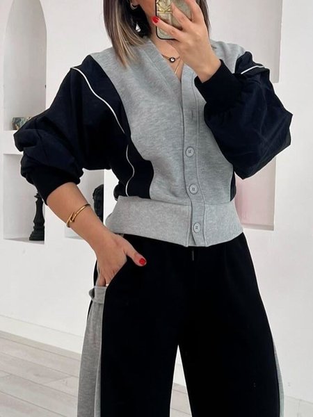 

Casual V Neck Color Block Jacket, As picture, Jackets