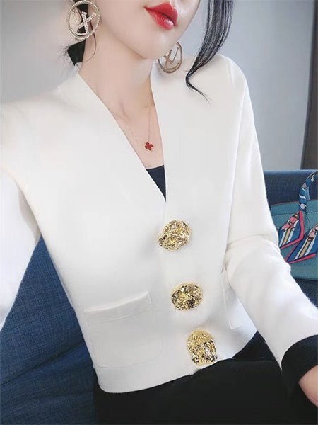 

Urban Buttoned Color Block V Neck Sweater, White, Cardigans