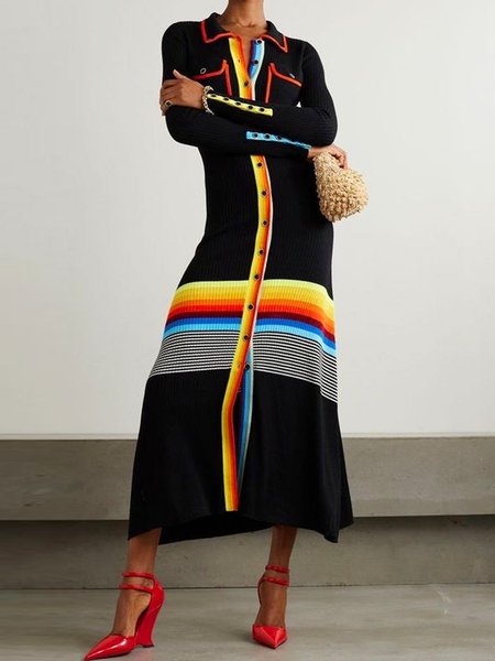 Shawl Collar Urban Striped Sweater Dress, As picture, Maxi Dresses