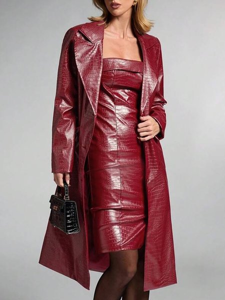 Christmas Urban Loose Faux Leather Coat, Red, Coats