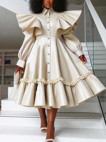 Pu Ruffle Sleeve Elegant Faux Leather Midi Dress, As picture, Midi Dresses