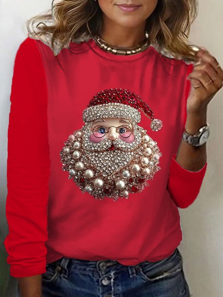 

Women's Long Sleeve Tee T-shirt Spring/Fall Santa Claus Jersey Crew Neck Daily Going Out Casual Top, Red, T-Shirts