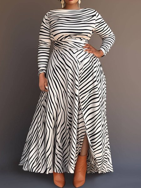 

Striped Boat Neck Elegant Long Maxi Dress, Black-white, Maxi Dresses