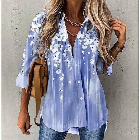 Shirt Collar Long Sleeve Striped Regular Loose Shirt For Women, Blue, Shirts