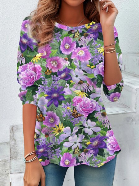 Casual Floral Crew Neck Long Sleeve T-shirt, Purple, T-shirts