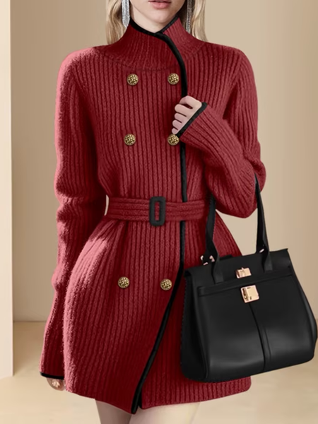 Medium Elasticity Casual Sweater Cardigan With Belt, Wine red, Cardigans