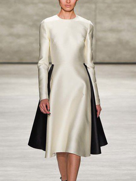 

Crew Neck Urban Color Block Dress, Off white, Midi Dresses