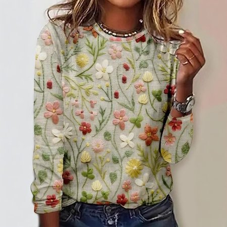 

Casual Geometric Crew Neck Long Sleeve T-shirt, Apricot, T-shirts