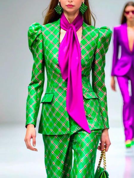 

Urban Buttoned Deep V Neck Puff Sleeve Abstract Graphic Blazer, Green, Blazers