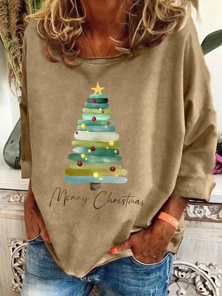 

Merry Christmas Tree Print Casual Sweatshirt, Khaki, Hoodies&Sweatshirts