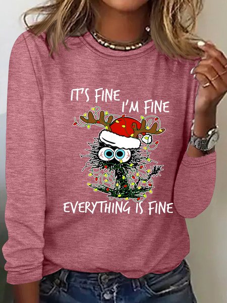 

It is Fine, I am Fine Everything is Fine Christmas Cat Casual Long Sleeve Shirt, Watermelon, Long sleeves