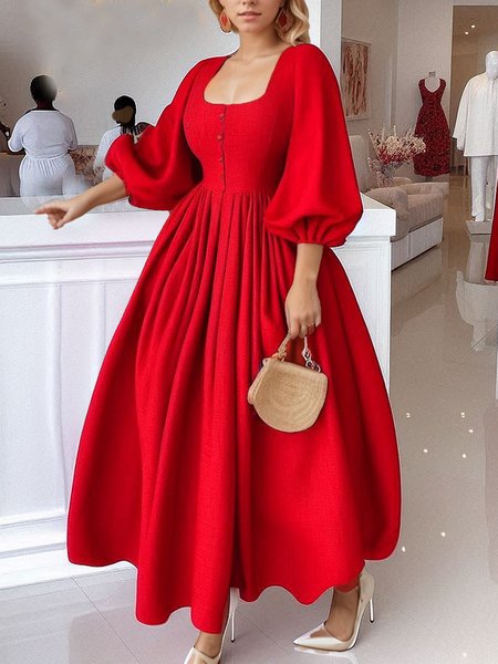 

Christmas Elegant Balloon Sleeve U-Neck Party Dress, Red, Maxi Dresses