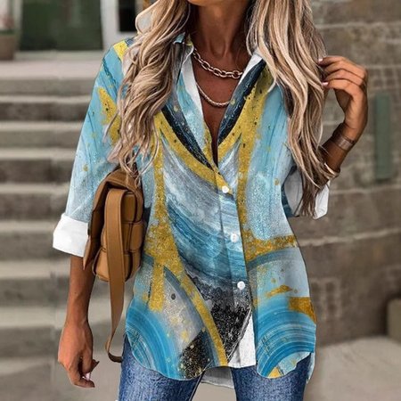 

Shirt Collar Long Sleeve Striped Regular Loose Shirt For Women, Blue, Shirts