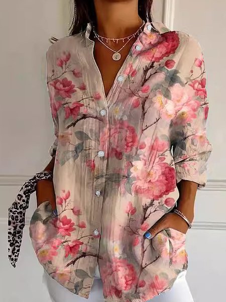 

Women's Long Sleeve Shirt Spring/Fall Floral Lace Shirt Collar Daily Going Out Casual Top, Pink, Blouses