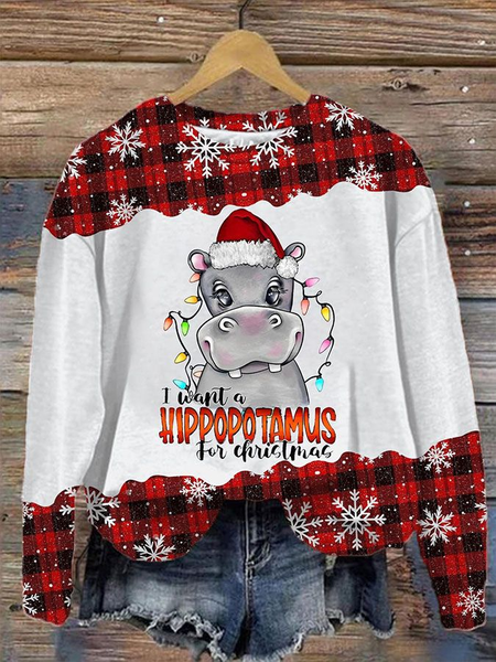 

Women's Christmas Hippo Print Crew Neck Sweatshirt-, White, Hoodies&Sweatshirts