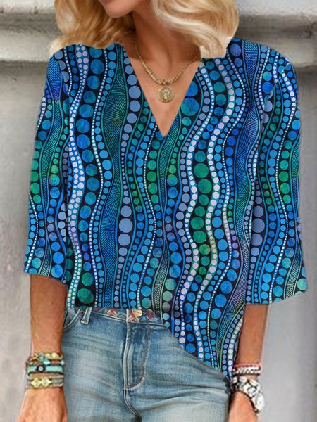 

Abstract Print Long-sleeve V-neck Blouse, Blue, Blouses