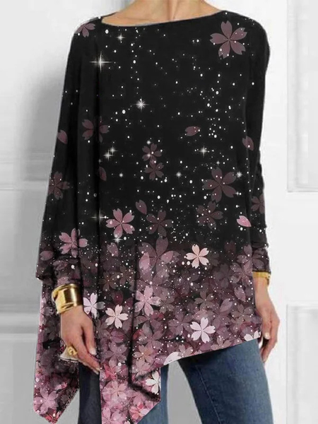 

Crew Neck Long Sleeve Floral Regular Micro-Elasticity Loose Blouse For Women, Pink, Blouses