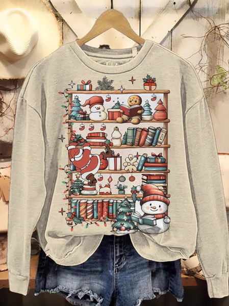 Casual Crew Neck Christmas Sweatshirt, Apricot, Hoodies & Sweatshirts