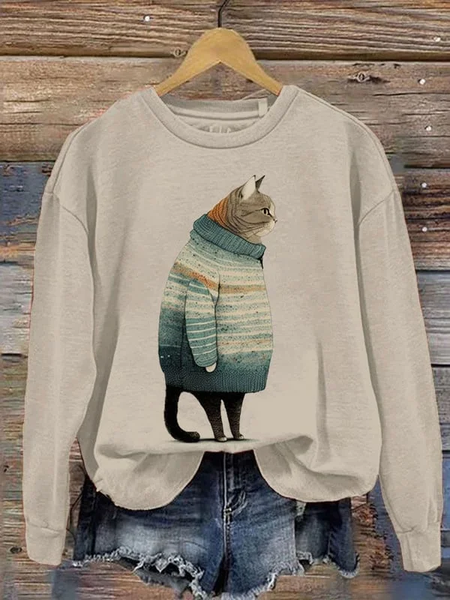 

Women's Fat Cat Art Print Crew Neck Sweatshirt, Apricot, Hoodies&Sweatshirts