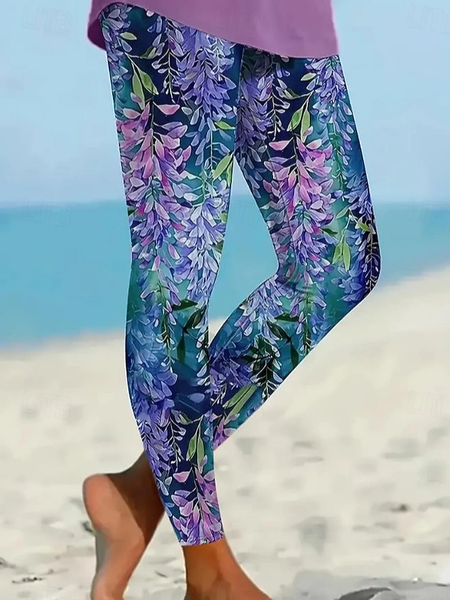 Leaf Print Leggings, Blue, Leggings