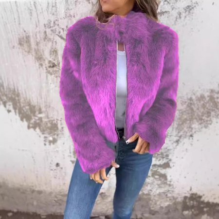 Stand Collar Loose Plain Casual Jacket, Purple, Outerwear