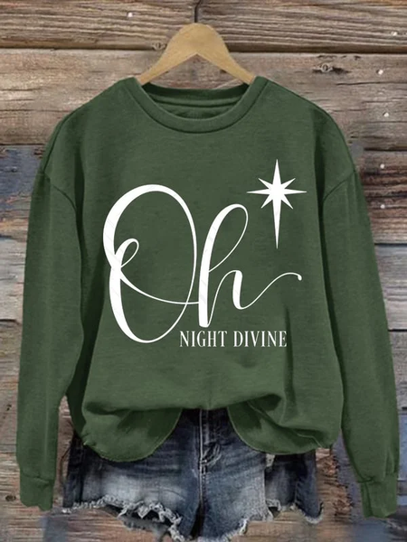 

Women's Oh！Night Divine Print Crew Neck Sweatshirt, Army green, Hoodies&Sweatshirts