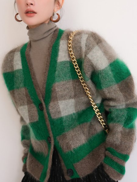 

Simple Plaid Loose V Neck Cardigan, Green, Cardigans