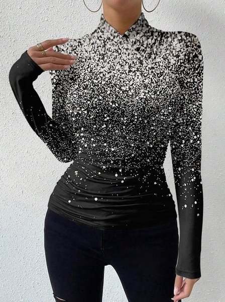 

Long Sleeve Ombre Regular Micro-Elasticity Regular Fit Blouse For Women, Black-silver, Blouses