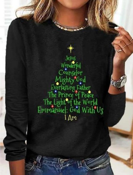 

Women's T shirt Tee Black Christmas Tree Text Print Long Sleeve Christmas Crew Neck T-Shirt, Long sleeves