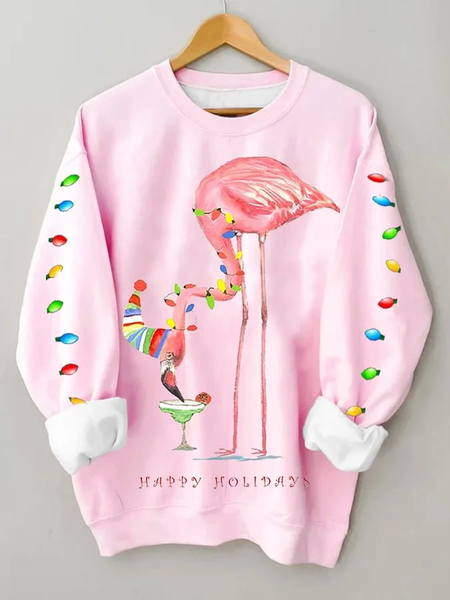 

Women's Christmas Flamingo Print Crew Neck Sweatshirt, Pink, Hoodies&Sweatshirts