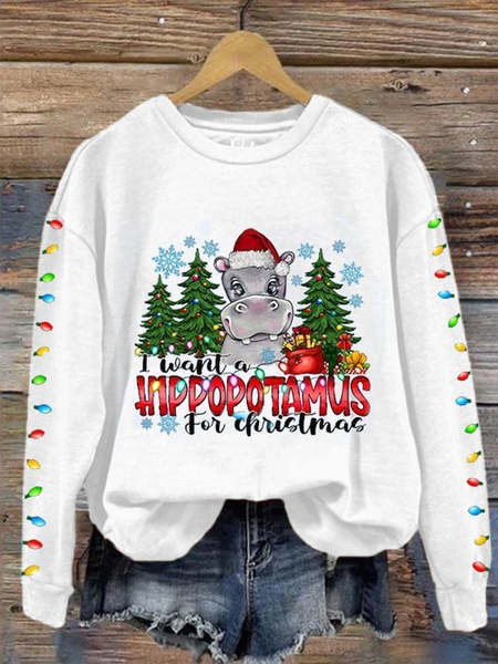 

Women's Christmas Hippo Print Crew Neck Sweatshirt, White, Hoodies&Sweatshirts