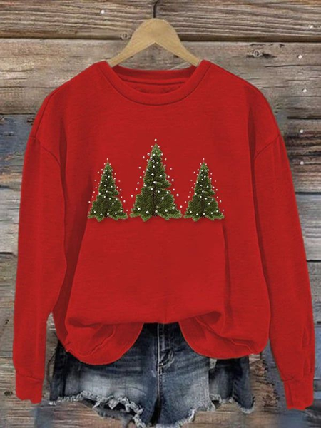

Women's Christmas Tree Print Crew Neck Sweatshirt, Red, Hoodies&Sweatshirts