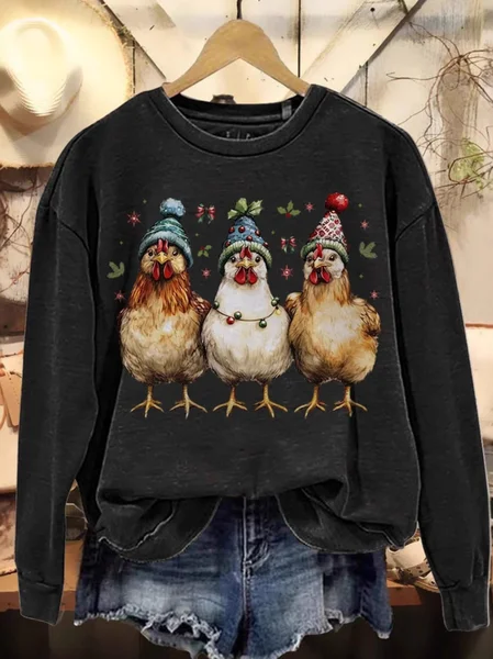 

Funny Chicken Art Print Casual Crew Neck Animal Sweatshirt, Black, Hoodies & Sweatshirts