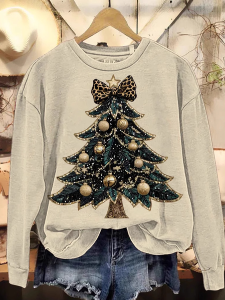 Christmas Tree Art Print Casual Crew Neck Christmas Sweatshirt, Apricot, Hoodies & Sweatshirts