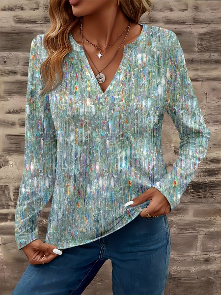 

Casual 3D Glitter Pattern V Neck Long Sleeve T-shirt, As picture, Blouses