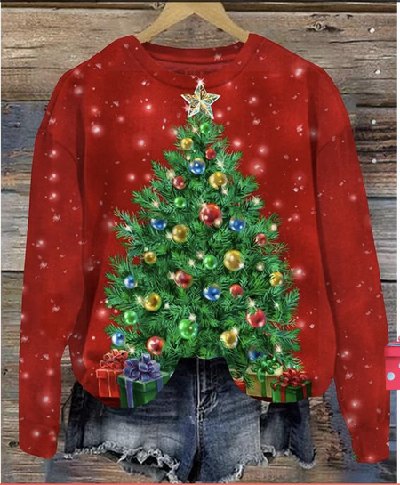 

Women's Christmas Tree Print Crew Neck Sweatshirt-, Wine red, Hoodies&Sweatshirts