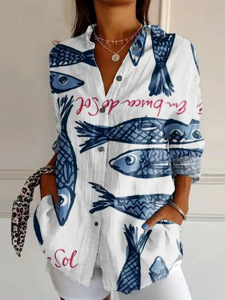 Shirt Collar Long Sleeve Floral Regular Loose Shirt For Women, Blue, Shirts
