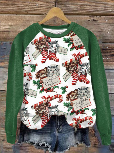 

Women's Cute Cat Christmas Printed Crew Neck Sweatshirt, As picture, Hoodies&Sweatshirts